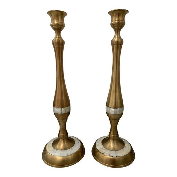 Vintage Brass Mother of Pearl Candle Holders Pair 1970s